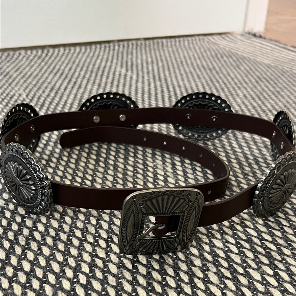 Brown Leather Belt with Silver Conchos